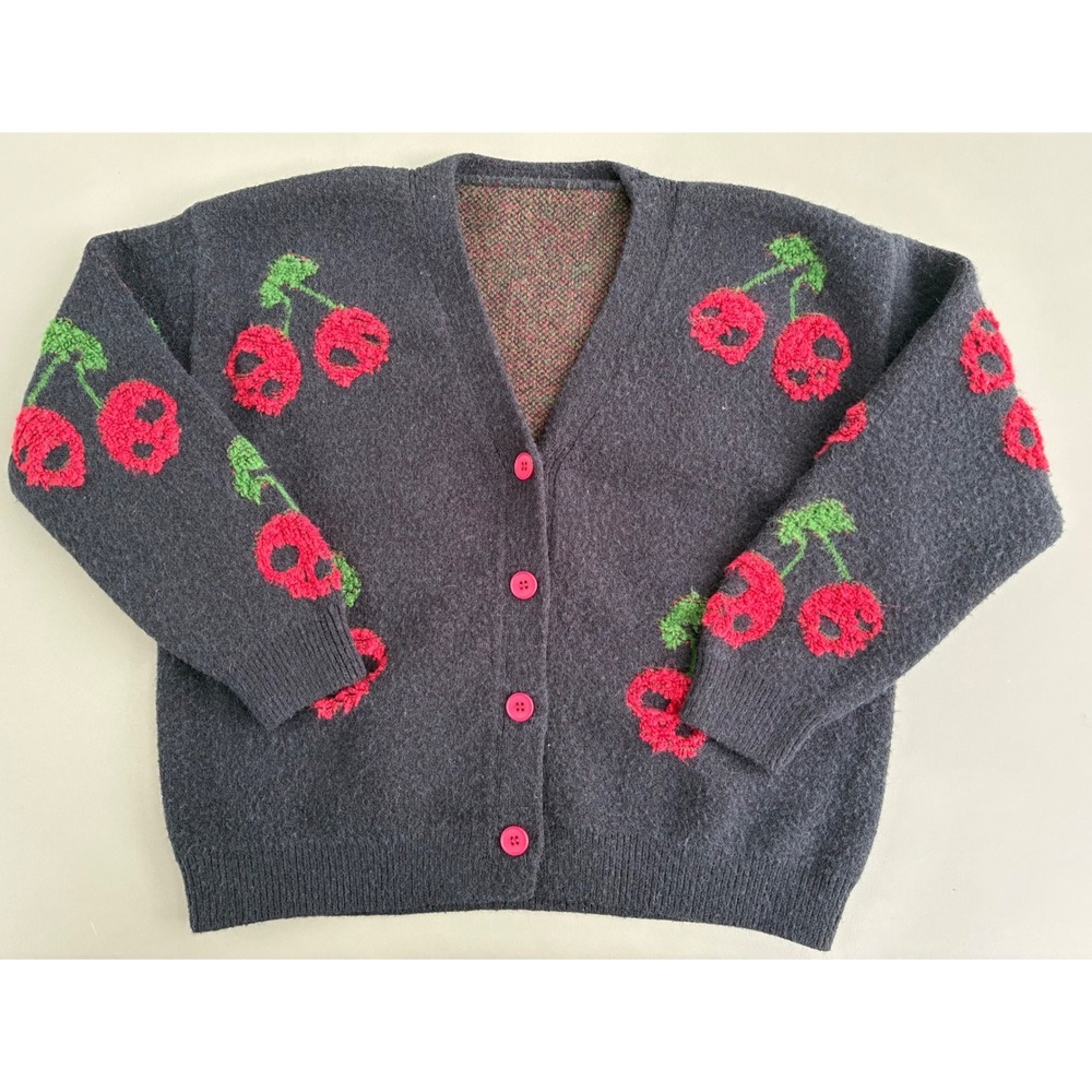 Cider Cherry Skull Cardigan Black Knit Button Front Sweater XL